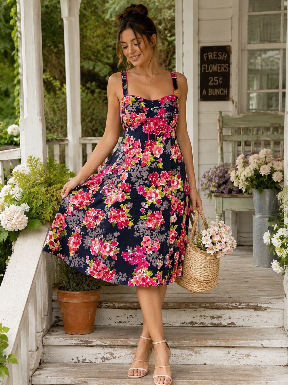 VNT R&K Originals Sundress Sz 8 Navy Pink Floral Sleeveless Empire Waist Cottage